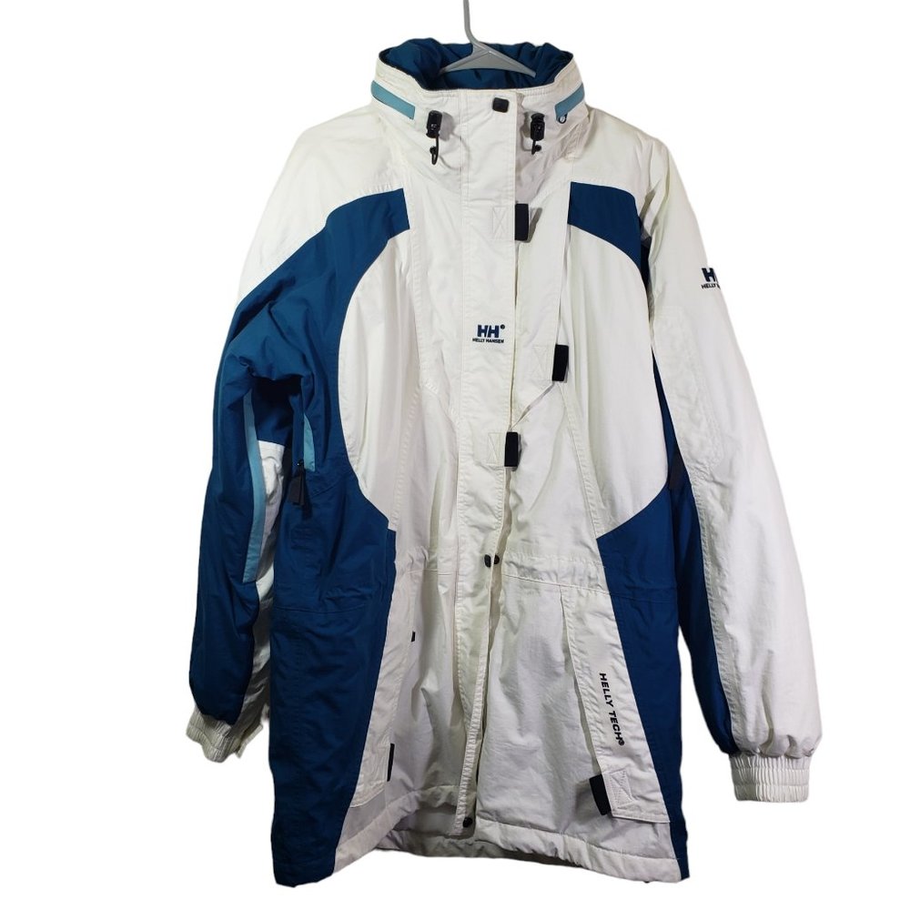 Helly Hansen Blue and White Ski Jacket with Weather-Resistant Design